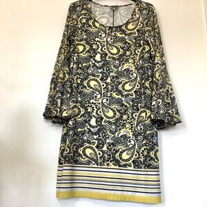 Haani Women's Knee Length Dress with Bell Sleeve, Black and yellow, Plus Size 2X